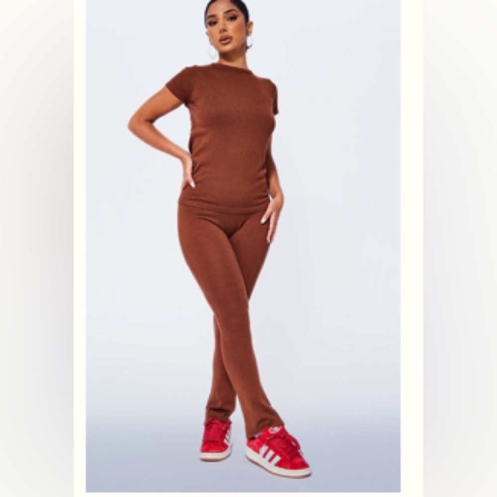 Petite Coffee Knitted Flare Pants
